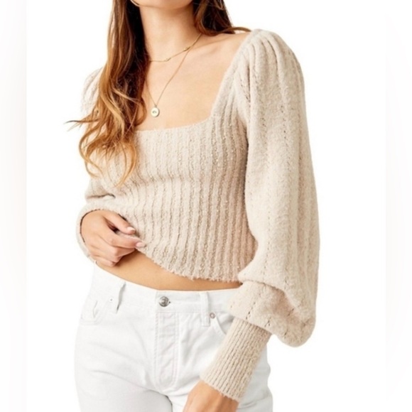 Free People Sweaters - Free People Katie Rib Pullover Sweater Large Sand Balloon Sleeve Rib‎ Cropped